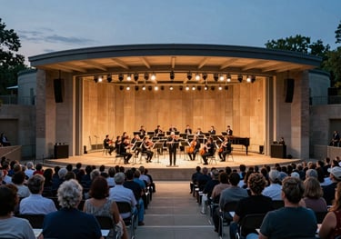 A wide shot of a beautiful outdoor amphitheater in Indianapolis at dusk, filled with an audience watching an orchestra perform under warm lights.