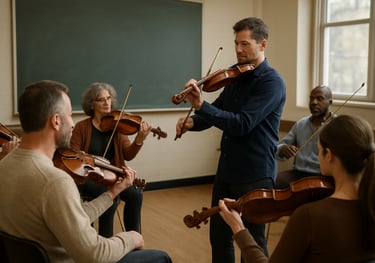 A classroom setting where a group of adults are attending a music workshop, with violins in hand, being guided by a lead musician in dark navy attire.