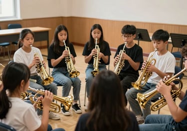 A group of young students sitting in a circle in a brightly lit school music room, holding brass instruments and listening intently to an instructor.