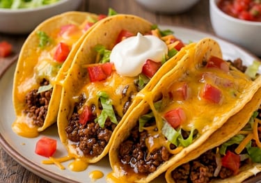 Three ground beef tacos in hard shells with melted cheddar cheese, lettuce, tomatoes, and sour cream.