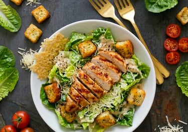 Fresh grilled chicken Caesar salad with romaine lettuce, croutons, and parmesan cheese in a white bowl.