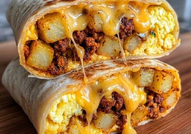 Cheesy breakfast burrito with chorizo, scrambled eggs, and potatoes inside a grilled tortilla.
