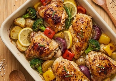 Roasted chicken thighs and breasts with potatoes, broccoli, and peppers in a baking dish.