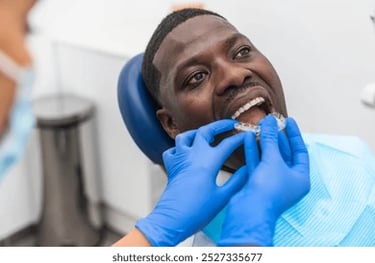 Orthodontie : un dentiste pose un aligneur en plastique transparent sur un homme.