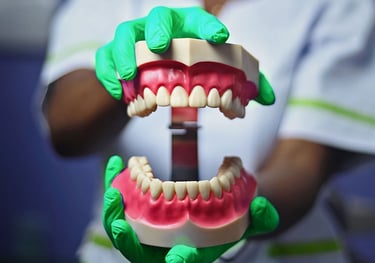 Dentiste tenant un modèle de mâchoire pour l'éducation à l'hygiène buccale à Mokolo