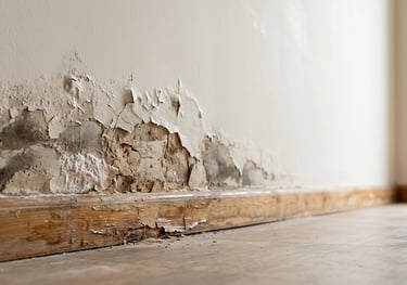 Humedad por capilaridad visible en la parte baja de la pared