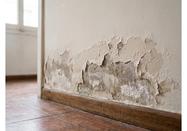 Pintura levantada y yeso dañado por humedad por capilaridad