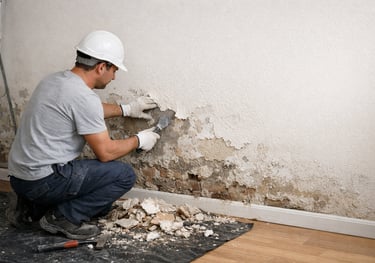 Operario saneando revestimientos dañados por humedad por capilaridad