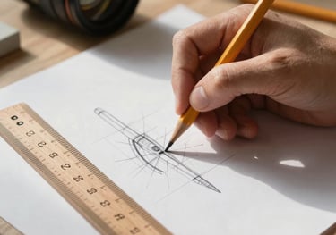 A close-up shot of a hand using a wooden folding ruler and a pencil to draw a precise technical sketch on white paper in a sunny room.