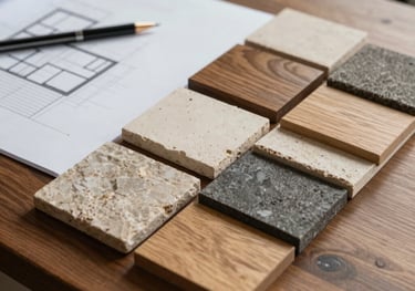 A professional presentation of material samples like oak, stone, and fabric next to a clean architectural floor plan on a wooden desk.