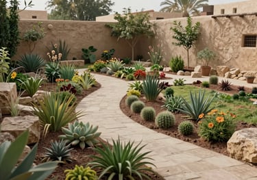 A wide shot of a Middle Eastern / Gulf backyard transformed into a permaculture landscape with winding paths, diverse plant species, and stone elements.