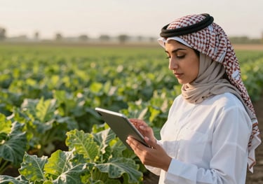 A professional Middle Eastern / Gulf female agricultural engineer holding a digital tablet while inspecting a field of sustainable crops, soft sunlight.