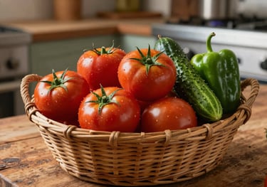 A basket filled with freshly harvested tomatoes, cucumbers, and peppers on a rustic wooden table in a Middle Eastern / Gulf farm kitchen.