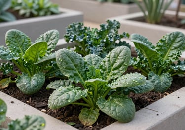 Vibrant green spinach and kale growing in a raised bed in a modern Middle Eastern / Gulf garden, morning dew on leaves, crisp photography.
