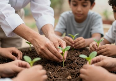 A close-up of a teacher's hands showing a group of children how to plant a seedling in compost-rich soil in a Middle Eastern / Gulf school garden.