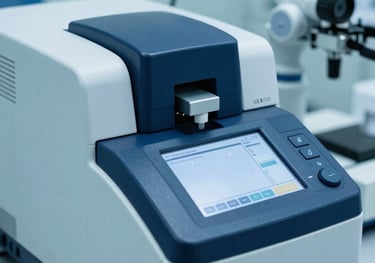 High-tech automated blood chemistry analyzer in a clean clinical setting. Close-up on the digital interface and mechanical arm. Tones of light sky blue and dark navy blue.