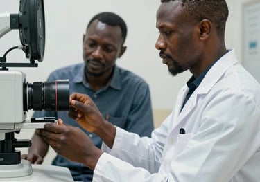 A West African technician in a white coat providing support to a colleague in front of a medical device. Professional, collaborative atmosphere in a bright room.