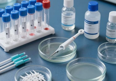 Studio photography of assorted laboratory consumables including sterile tubes, pipette tips, and petri dishes arranged neatly. Clean lighting with slate blue accents.