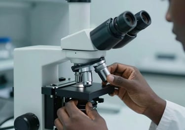 Close-up of an expert technician adjusting a high-performance microscope in a modern West African lab. Focus on precision and detail. Soft slate blue tones.