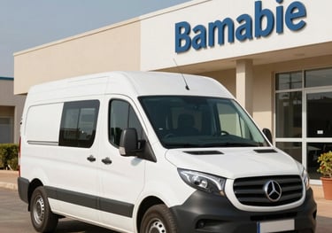 A white delivery van with subtle professional branding parked in front of a healthcare center in Bamako. Daytime, clear sky, professional logistics context.