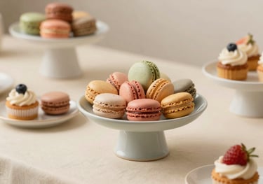 A beautifully styled sweet table with multi-colored macarons and petit fours on ceramic stands, off-white cream background.