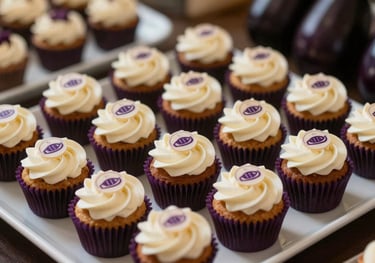 Elegant corporate buffet with mini cupcakes and branded sweets, dark eggplant purple and off-white cream color palette.