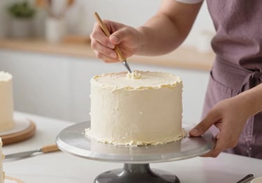A close-up of hands teaching cake decorating in a bright French studio, muted plum and cream surroundings.