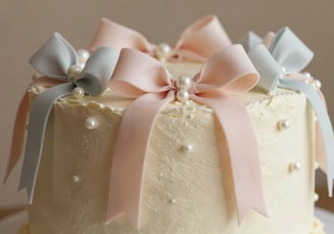 A refined baptism cake decorated with soft pastel sugar ribbons and edible pearls, warm taupe background, soft focus.