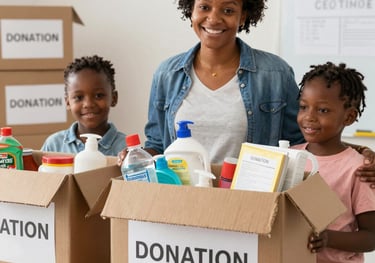 Cardboard donation boxes with body hygiene and food items being donated to a single mom and kids.