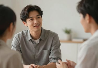 An image of two people talking in a supportive, empathetic setting. The lighting is soft and warm. Palette: #7A6F6D and #B7B0A9.