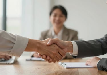 An image of a professional meeting in a warm, clean room, focusing on a handshake that symbolizes a new partnership. Muted tones of #B7B0A9 and #3E3C3B.