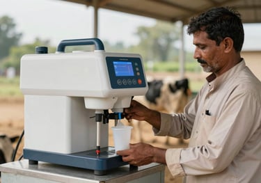 A dairy farmer in Bahawalnagar demonstrating the ease of use of a portable milking machine, highlighting the local commitment and support.