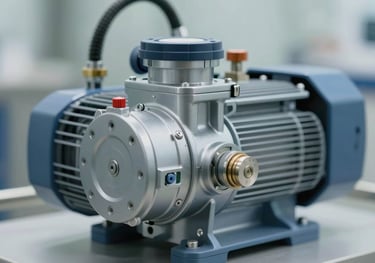 A close-up of a high-efficiency vacuum pump assembly for a milking system, showing durable mechanical components and clean engineering.