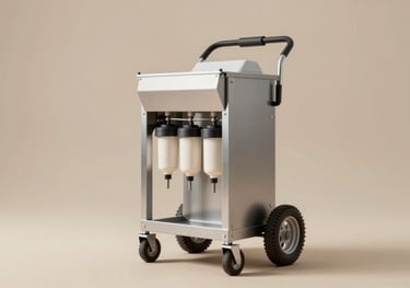 A portable single-bucket milking machine with a sturdy metal frame and large wheels, shown in a clean, well-lit studio setting with the brand's earthy colors in the background.