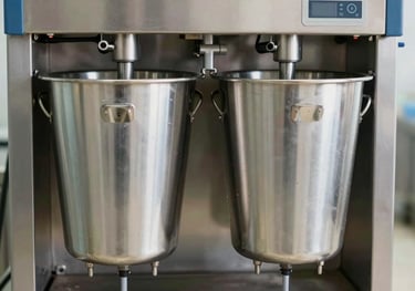 A professional double-bucket milking machine system. The stainless steel buckets are polished and reflective, highlighting the premium quality and hygiene focus of the brand.