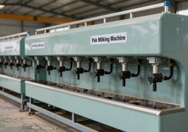 A row of new milking machines ready for delivery at the Pak Milking Machine warehouse in Bahawalnagar, showcasing stock availability.