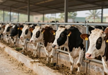 A scene of a thriving dairy farm in Pakistan, featuring healthy cows and a clean environment where Pak Milking Machine units are actively used.