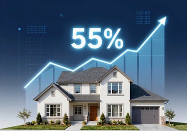 A modern suburban house with a glowing blue upward graph and 55 percent sign representing real estate market growth.