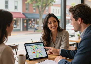Real estate agent showing a digital property map on a tablet to clients in a bright cafe.