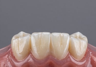 A close-up of a high-quality dental bridge model showing realistic ceramic crowns and gum tissue.