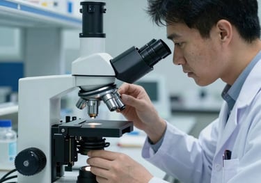 A scientist in an Indonesian laboratory examining a fish specimen under a microscope, professional setting with deep blue and white equipment.