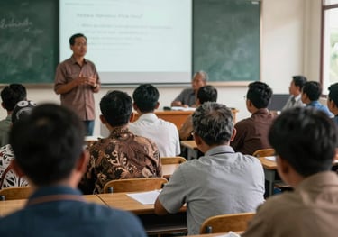 A group of Indonesian farmers in a classroom setting during a technical training workshop, focusing on a speaker, indoor lighting, academic atmosphere.