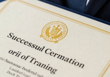 Close-up of a formal certificate with a government seal, held by a person in professional attire, symbolizing successful completion of training.