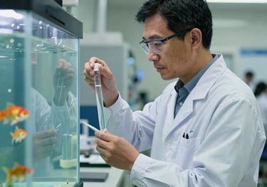 A professional Southeast Asian technician in a lab coat inspecting a water sample near a large fish tank, soft natural lighting, clean government facility atmosphere.