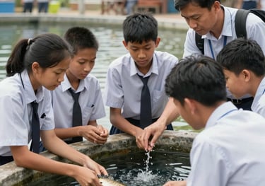 A group of Southeast Asian students in uniform participating in a practical learning session at a fish pond, guided by an expert instructor, bright daylight.