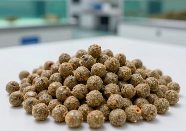 Close-up of high-quality fish feed pellets on a white surface, with a blurred background of a modern aquaculture nutrition laboratory, aqua green accents.