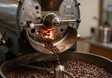 Action shot of coffee beans being roasted in a modern drum roaster, warm glowing embers visible, metallic textures, professional setting.