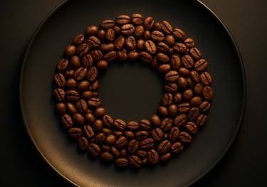 Top-down view of roasted coffee beans forming a circular pattern on a matte black plate, golden accent lighting, high-end photography.