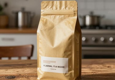 A sophisticated lifestyle shot of a golden coffee bag with minimalist typography resting on a rustic wooden table, soft morning sunlight, Latin American / Mexican kitchen setting.