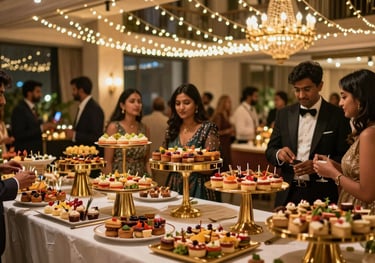 A vibrant and elegant evening social party at a luxury Bokaro hotel, featuring warm fairy lights, South Asian appetizer displays, and sophisticated gold accents.